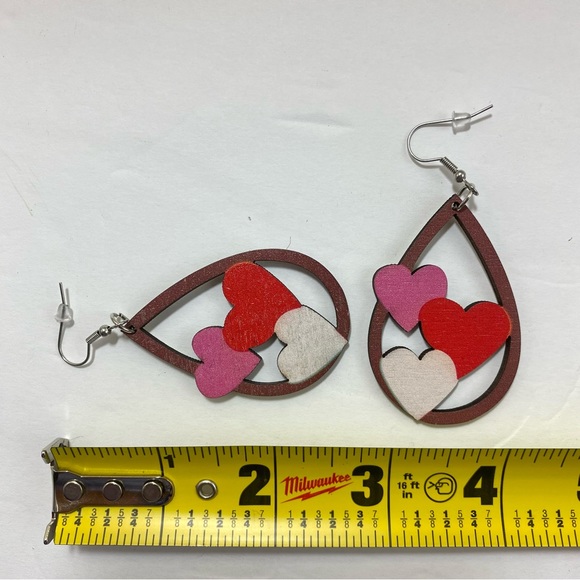 Valentine's Day Love Hearts Wooden Drop Dangle Earrings - Picture 9 of 11